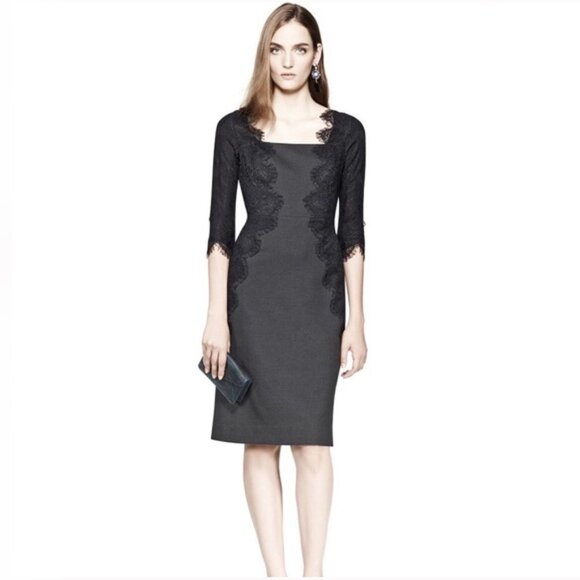 NWT Tory Burch Lainey Dress Size 6 Grey Melange Black Lace 3/4 Sleeve Wool Blend - Picture 1 of 13